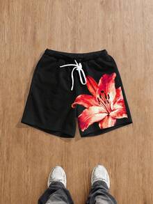 Manfinity Joysei 男士花卉印花抽繩腰鬆身夏季短褲 - 紅色 - 查看 1