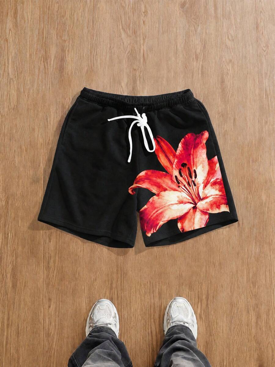 Manfinity Joysei 男士花卉印花抽繩腰鬆身夏季短褲 - 紅色 - 查看 1