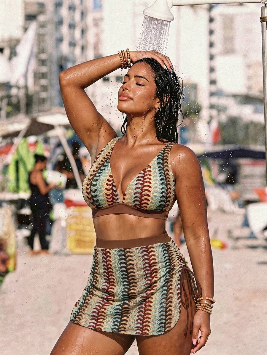 Swim Vcay Plus Size Women Summer Beach Patchwork Bikini Top And Triangle Bottoms Swimwear Set - Multicolor - View 1