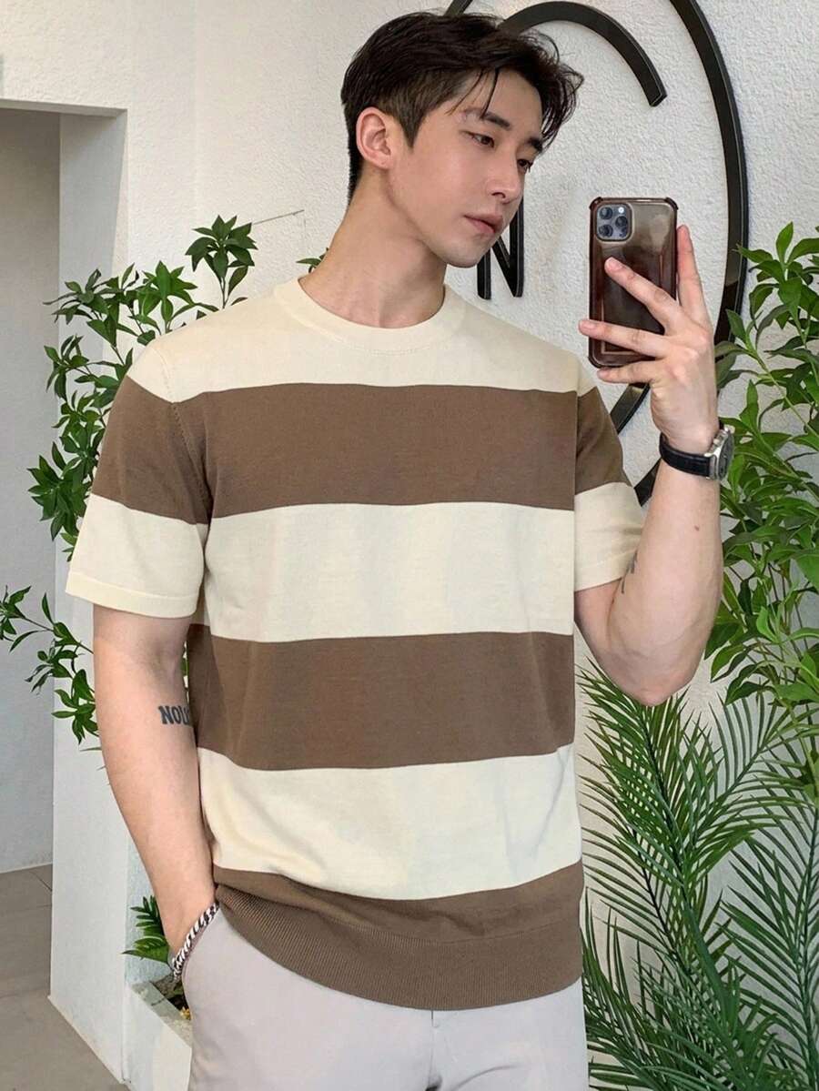 DAZY Top de punto a rayas con bloques de color para hombre, verano - Marrón - Ver 1