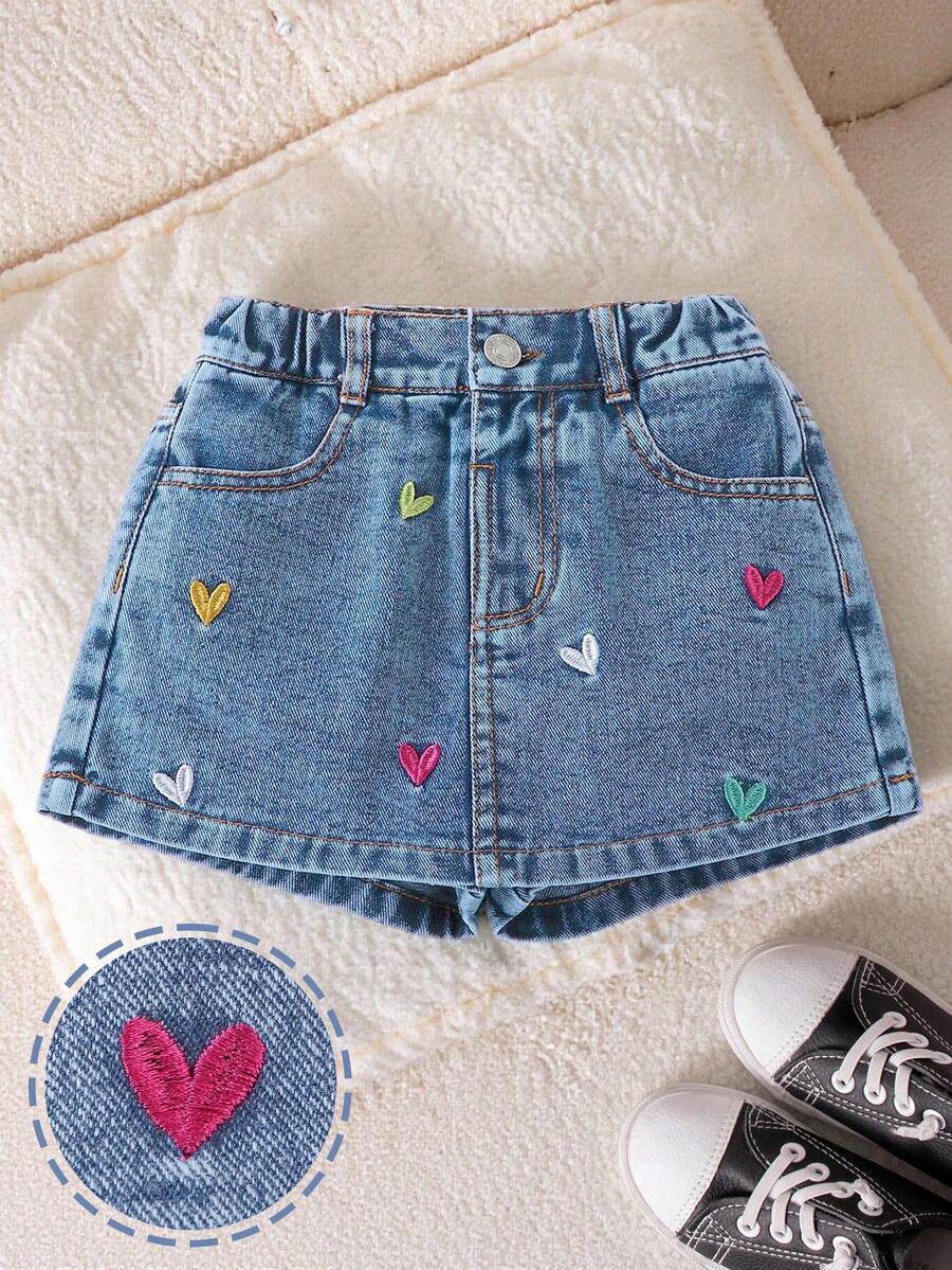 Genkimix Kids 女童牛仔裙 夏季新品 休閒可愛風 復古水洗牛仔色 繽紛愛心刺繡 鬆緊腰 A字版型 親膚柔軟牛仔面料 百搭日常 T恤穿搭 適合日常穿著、校園聚會、夏季牛仔風外出度假 - 中等水洗藍 - 查看 1