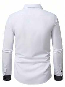 Manfinity Mode 男士時尚黑白配色襯衫，夏季休閒商務工作正式禮服襯衫，雙鈕扣裝飾配色長袖優雅上衣，適用於儀式 - 黑與白 - 查看 2