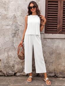 EMERY ROSE Women's Solid Color Round Neck Top And Long Pants Casual Daily 2 Pieces Set Vacation White Summer - White - View 8
