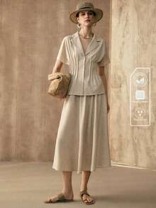 SHEIN Conjunto de 2 piezas para mujer de tejido con cuello en V, mangas murciélago, cintura ceñida, estilo casual elegante para ir al trabajo, citas y vacaciones - Albaricoque - Ver 5