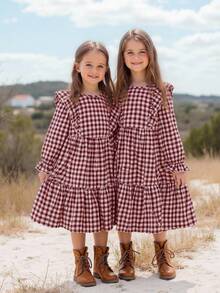 Emery Rose Kids Emery Rose Kids Tween女孩/雙胞胎姊妹套裝－格紋寬鬆可愛復古休閒法式燈芯絨洋裝，長袖設計，適合秋季 - 紅白色 - 查看 9