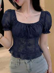 Joudiya 夏季藍色深色花卉刺繡休閒街頭婚禮短袖女款上衣可愛上衣 - 藏蓝色 - 查看 1