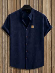 Manfinity Homme Men's Single-Breasted Patchwork Short Sleeve Solid Color Shirt - Navy Blue - View 2