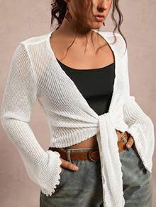 Freevana Plus Size Women's Solid Color Long Sleeve Front Tie Cardigan Fall - White - View 4