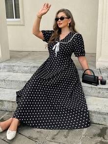 Easura Plus Size Women's Summer Elegant Casual Design Black And White Lace Patchwork Lapel Short Sleeve Bow Tie Waist Cinched Long Dress Tea Party Evening - Black - View 7