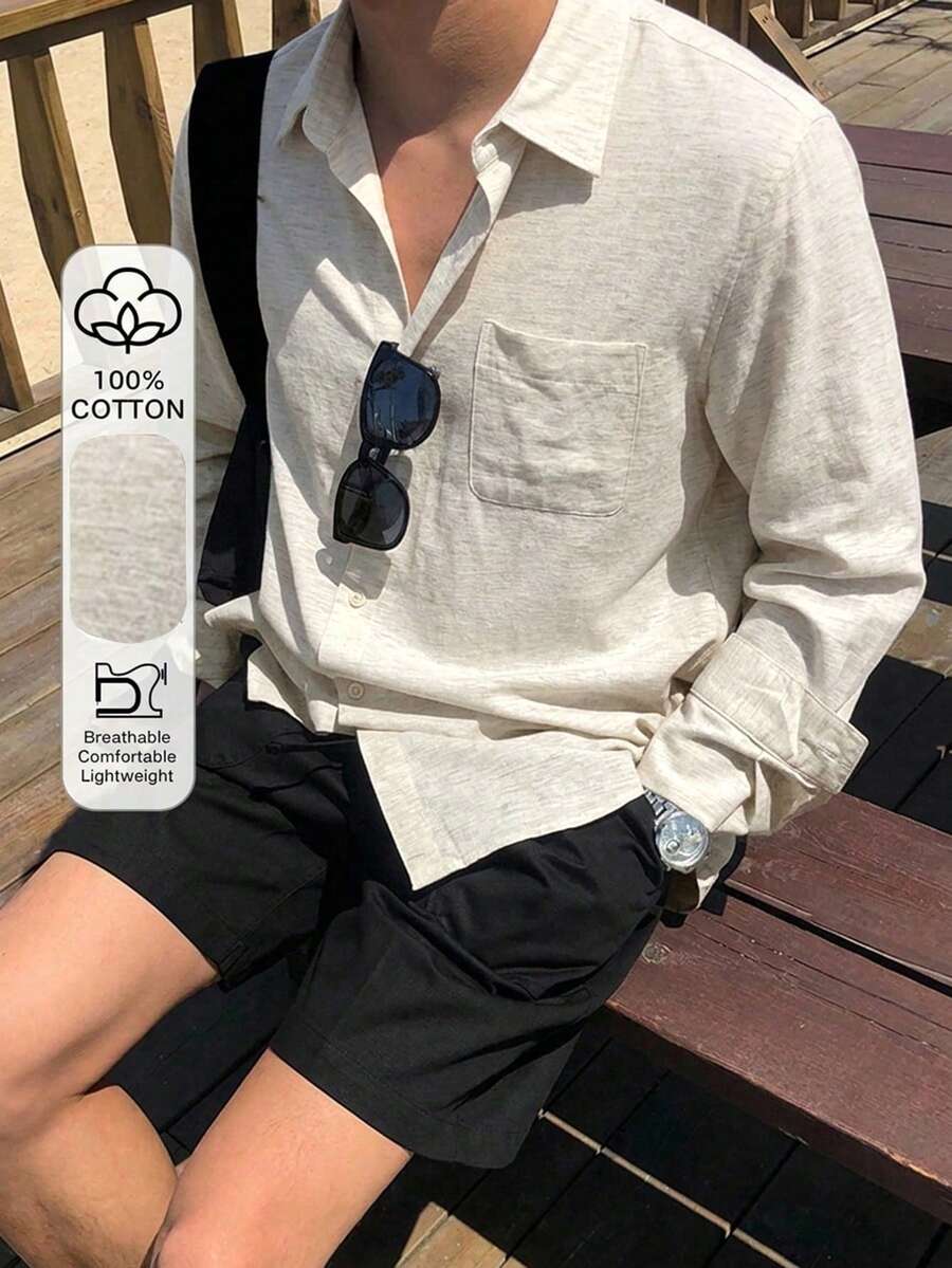 DAZY Long Sleeve Solid Color Khaki Loose Fit Men's Shirt - Khaki - View 1