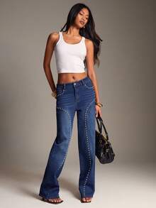 SHEIN BAE Women's Fashion Versatile Rivet Pocket Button Casual Denim Jeans - Medium Wash - View 3