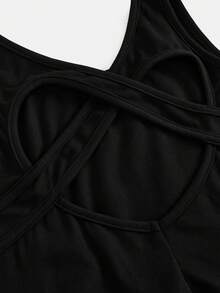 SHEIN Tween女孩休閒運動純色交叉背心式運動連身裙，內建短褲 - 黑色 - 查看 6