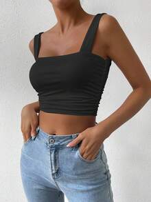 Allurite Solid Color Square Neck Slim Fit Pleated Tank Top - Black - View 7