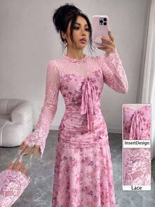 Modelyn 法式設計蕾絲拼接蝴蝶結女款長洋裝 - 藕粉色 - 查看 5