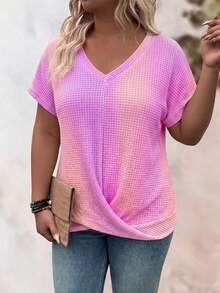 EMERY ROSE Plus Size Women's Casual V-Neck Rainbow Color Scheme Hem Cross Twist Knot Elegant Slimming Design Short Sleeve T-Shirt - Mauve Purple - View 6