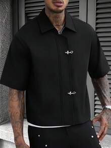 SLATEMANN Men's Airplane Buckle Placket Short Sleeve Casual Commuter Shirt - Black - View 5