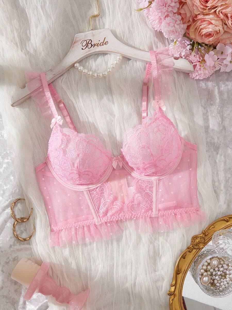 SHEIN 1 chiếc áo ngực dài có gọng, thêu họa tiết patchwork chấm bi phối lưới phong cách lãng mạn - Hồng - Xem 1