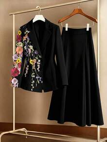 GlowEve CURVE Plus Size Versatile 3D Embroidered Mesh Patchwork Solid Color Women's Blazer Suit Set - Black - View 1