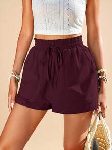 Travachic Women's Solid Color Drawstring Waist Spring Shorts - Maroon - View 4