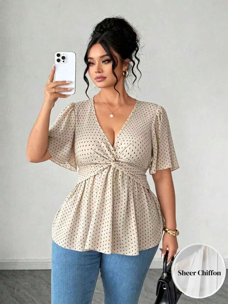 Elenzga ملابس علوية شيفون أنيقة للمرأة ذات الحجم الكبير، بنقشة نقاط وأزهار، مع حافة ملتوية، ملابس علوية مكتبي متعدد الاستخدامات للتنقل، قماش ربيعي/صيفي، ملابس علوية شيفون كاجوال للمنتجعات، ملابس علوية وشورت للتنقل، ملابس علوية أخضر. مناسب للتخرج، عيد الحب، مهرجان الموسيقى، عيد الأم، عيد الهالوين، ، عيد الفصح، اليوم الوطني، حفل التخرج، حفلة المواعدة، موسم الزفاف، الرحلات الخارجية، وما إلى ذلك. - لون مشمشي - مشاهدة 1