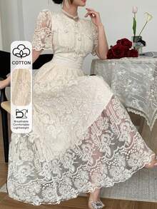 DAZY Elegant Romantic Lace Waist Dress, Suitable For Spring/Summer Holidays Sundress Tea Party Beige - Beige - View 3