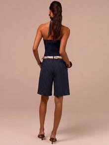 COSMINA Halter Neck Tie Top And Knee Length Shorts Set, Striped Two Pieces Set, Elegant Commuter Women's Set, Apricot Set, Suitable For Office Wear, Street Style Wear, Fashionable Matching Set, Summer Women's Set - Navy Blue - View 5