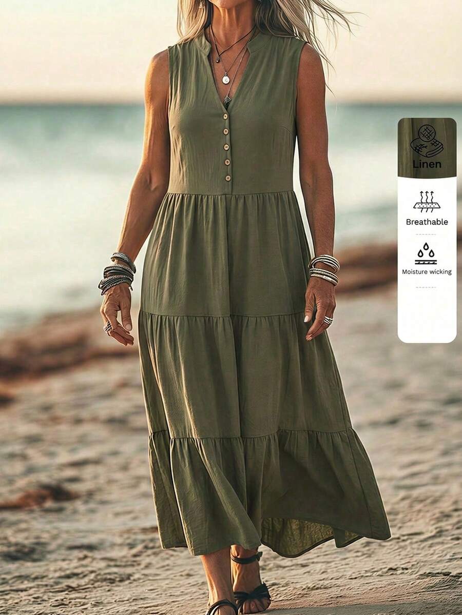 Linavere Women's Fashion Casual Sleeveless V-Neck Dress - Faux Button Design - Elegant For Commute - Suitable For Daily Wear And Travel/Vacation, Spring/Summer - Army Green - View 1