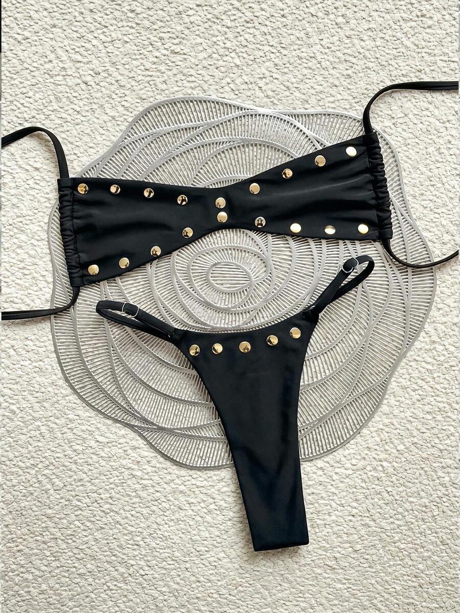 Swim Vcay 2026春夏新款黑色金屬鉚釘比基尼套裝,平口掛脖上衣搭配高衩細肩帶三角泳褲,歐美辣妹風度假海灘泳衣套裝 - 黑色 - 查看 1