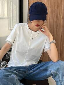 DAZY 女款純色分割線裝飾圓領寬鬆短袖T恤 夏季 - 白色 - 查看 2