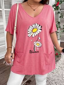 SHEIN CURVE+ Plus Size V-Neck Daisy Print + Pocket Long Loose Casual T-Shirt - Pink - View 6