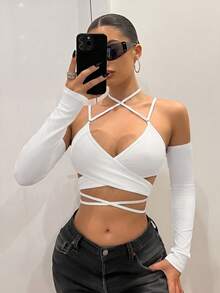 SHEIN ICON 修身裹身式交叉繫帶可拆卸袖女上衣 - 白色 - 查看 4