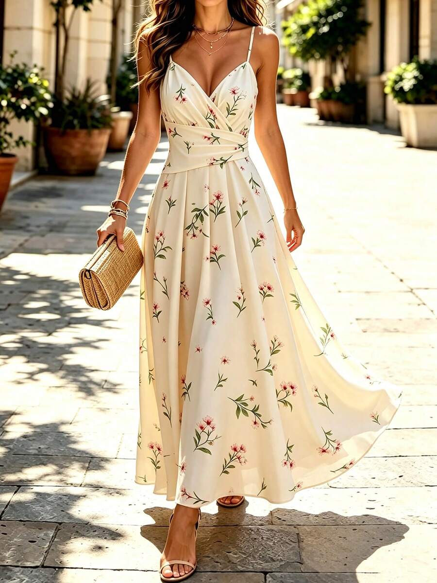 SHEIN PariChic Women's Floral Print Pleated Fashion Dating Party Spaghetti Strap Dress