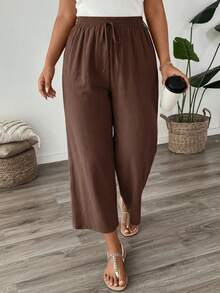 SHEIN PETITE CURVE CURVE 大尺碼女款棕色寬腿褲，高腰綁帶腰身休閒寬鬆長褲，適合秋季，休閒正式度假風 - 棕色 - 查看 10