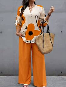 SHEIN LUNE Atasan Wanita Ukuran Besar untuk Musim Gugur/Dingin dengan Motif Bunga dan Celana Warna Polos, Setelan Kasual Serasi untuk Musim Gugur - MultiWarna - View 3