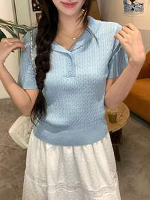 DAZY 女款素色 Polo 領短袖休閒針織上衣，春夏校園風 - 藍色 - 查看 5