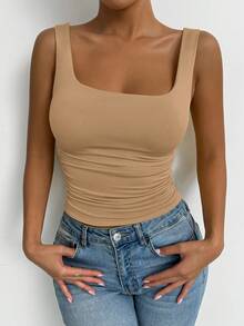 Allurite Women's Plain Square Neck Pleated Casual Tank Top - Multicolor - View 3