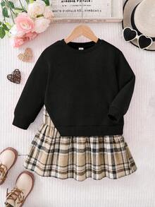 SHEIN 女童格紋拼接二合一洋裝 開學季校園風 黑色 秋季 - 黑色 - 查看 5