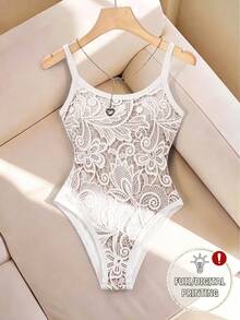 SHEIN LUNE 女款夏季性感花卉印花拼接白色滾邊修身細肩帶背心 - 白色 - 查看 1