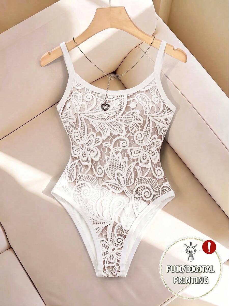 SHEIN LUNE 女款夏季性感花卉印花拼接白色滾邊修身細肩帶背心 - 白色 - 查看 1