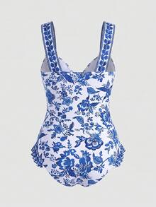 Sweetra CURVE Baju Renang Terusan Wanita Ukuran Besar Motif Bunga dengan Simpul di Depan, Model Camisole untuk Liburan Pantai Musim Panas - Blue and White - View 2
