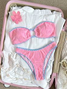 Swim Mod Pink & Blue Sweet Vacation Women's Bikini Set, Hollow-Out Design On Chest, Suitable For Beach Holiday - Multicolor - View 5