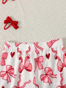 SHEIN Piyama Anak Perempuan Motif Kartun, Kerah Bulat Berkerut, Lengan Pendek, Celana Panjang, Lembut dan Ramah Kulit, Set 2 Potong, Potongan Slim Fit - Berwarna merah muda - View 5