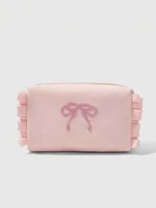 ROMWE Kawaii Cute Pink Embroidered Bow Makeup Bag, Lace-Trimmed Mini Storage Bag - Light powder 1 - View 1