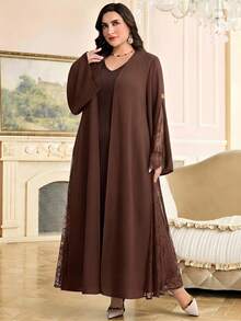 Al Najma Plus Size Women's Contrast Lace Long Sleeve Abaya - Coffee Brown - View 4