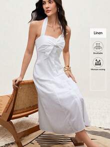 Modelyn 女士纯色休闲打结无袖连衣裙 - 白色 - 查看 7