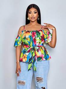 SOLERSUN Plus-Size Women's Floral V-Neck Off-Shoulder Loose Casual Blouse, Adorned With Ruffles And A Tie Waist. Spring/Summer Vacation Blouse, Fitted Casual Blouse, Green Blouse, Easter Shirt, Plus-Size Ruffled Short-Sleeved Tea Party Blouse, Everyday Commuting Blouse, A-Line Ruffled Hem Blouse, New Spring/Summer Ruffled Short-Sleeved Tie-Up Loose Blouse, Elegant, Casual, And Sexy Women's Wear. - Green - View 2