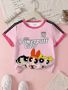 THE POWERPUFF GIRLS X SHEIN 年轻女孩夏季条纹花朵、泡泡、毛茛图案圆领短袖 T 恤 - 白色 - 查看 1