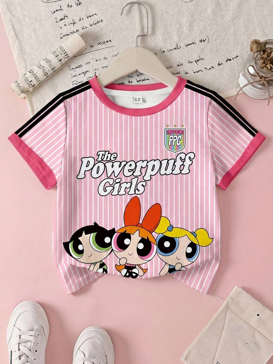 THE POWERPUFF GIRLS X SHEIN 年轻女孩夏季条纹花朵、泡泡、毛茛图案圆领短袖 T 恤 - 白色 - 查看 1