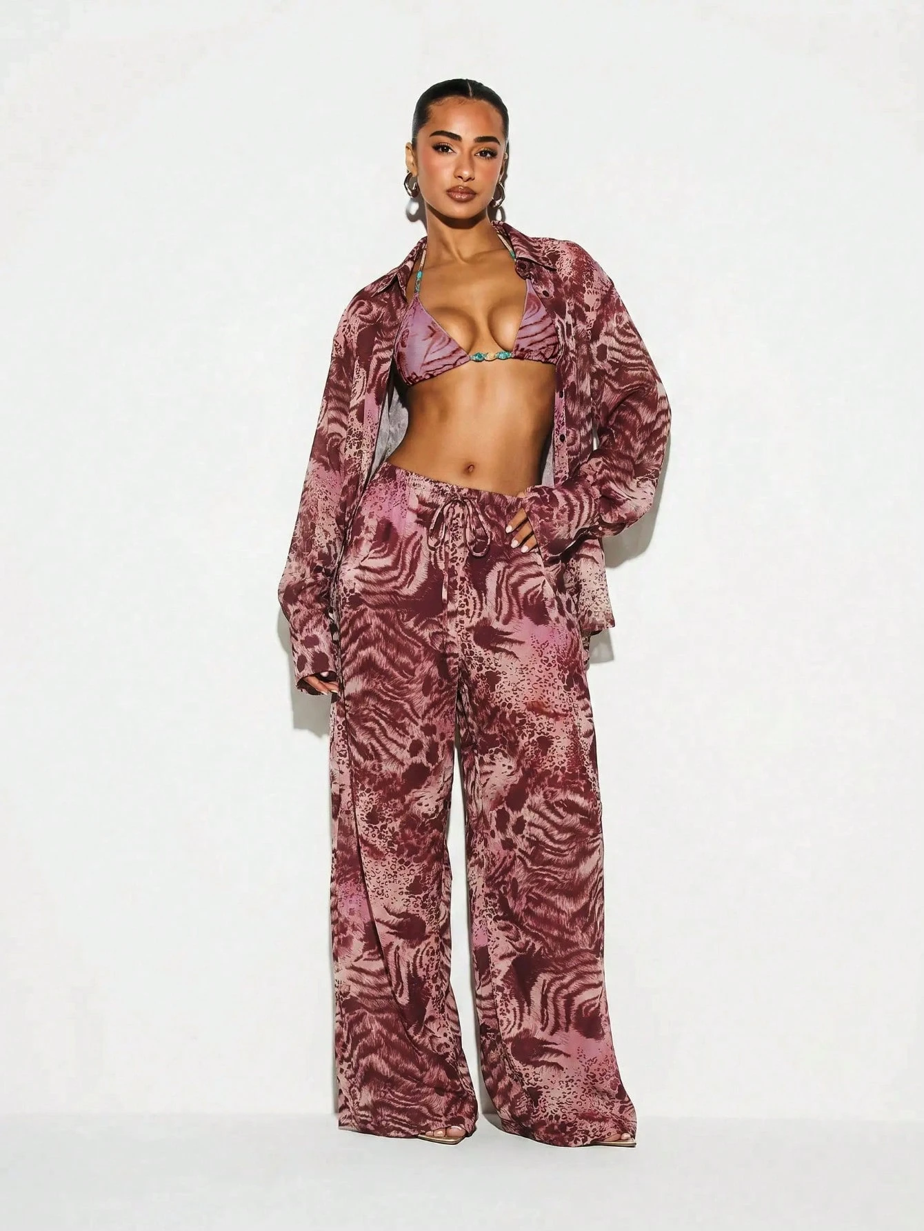 Mixed Animal Print Flowy Wide Leg Trousers