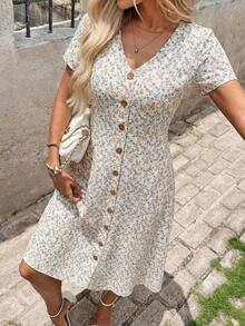 SHEIN Clasi Damen V-Ausschnitt Kurzarm Kleinkariertes Blumenmuster Holzknopf Kleid,Beige Boho Urlaub Sommer Elegant Elastische Taille A-Linie Midi Kleid,Lässig Frühling/Sommer - Weiss - Übersicht 3